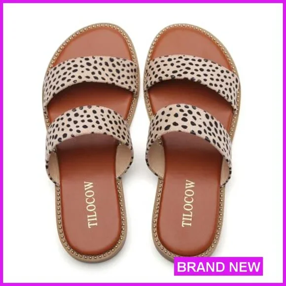 Women's Flat Sandals Slip On Double Strap Casual Summer Slides with Rivets - Picture 6 of 6